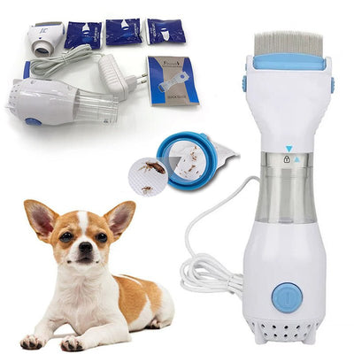 Pet grooming tool set with a dog, hair dryer, and other accessories on a white background