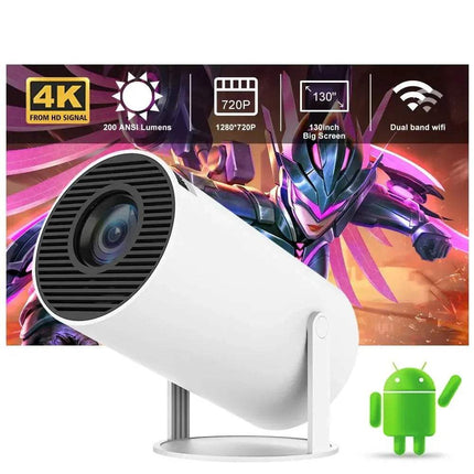 HY300 Mini Projector 4K Android 11 with WIFI6 & BT5.0 with Android logo on a colorful background