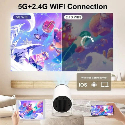 HY300 Mini Projector 4K Android 11  with 5G and 2.4G WiFi connection on a screen, with a tablet and phone displaying content.