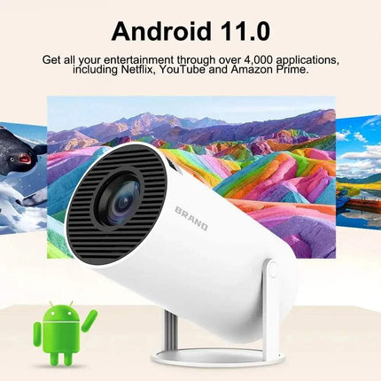 HY300 Mini Projector 4K Android 11 with WIFI6 & BT5.0 on a colorful mountain background.