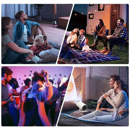 Collage of people enjoying outdoor and indoor activities with HY300 Mini Projector 4K Android 11 with WIFI6 & BT5.0