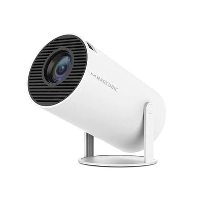 White HY300 mini projector 4k android 11 with black lens on a white background