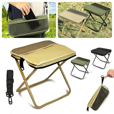 Collapsible camping table with carrying case, shown in various angles on a white background.