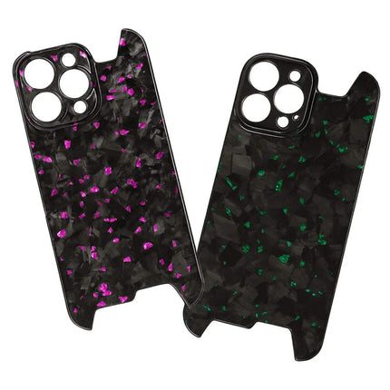 Two Ultra Thin Forged Carbon Fiber Cover  for iPhone designs with black backgrounds and colorful speckles on a white background