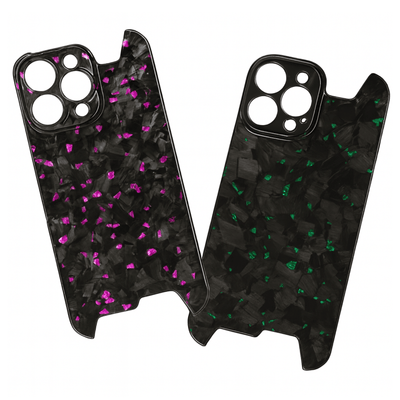 Two phone case designs with black backgrounds and colorful speckles on a white background
