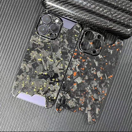 Two Ultra Thin Forged Carbon Fiber Cover For iPhone with unique patterns on a textured surface