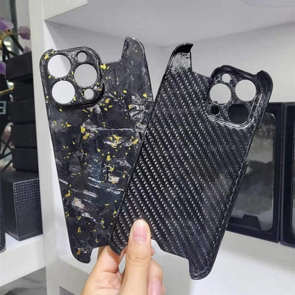 Ultra Thin Forged Carbon Fiber Cover For iPhone held by a hand with a blurred background