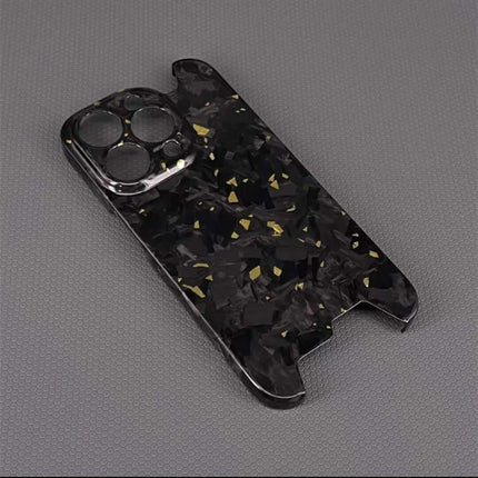 Gold Ultra Thin Forged Carbon Fiber Cover For iPhone with gold accents on a gray background
