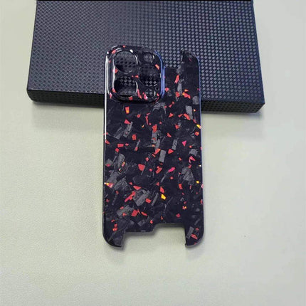 Red Ultra Thin Forged Carbon Fiber Cover For iPhone with a black and red speckled pattern on a light gray background