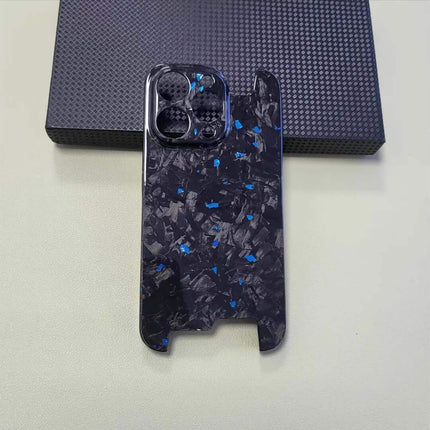 Blue Ultra Thin Forged Carbon Fiber Cover For iPhone with blue specks on a light gray background