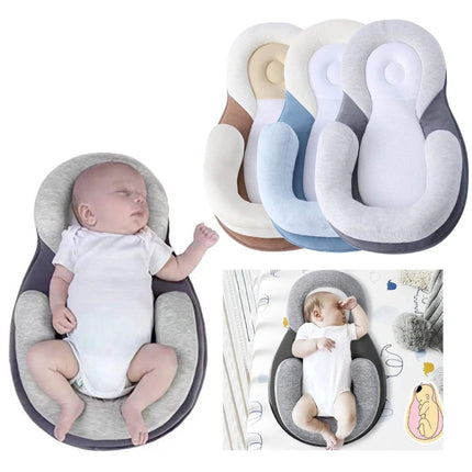 Baby lying on a gray Baby Anti-Rollover Sleeping Pillow with three additional baby seats in different colors displayed above.