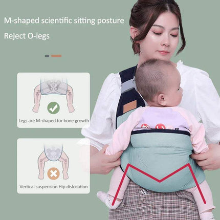 Baby Shoulder Carrier demonstrating M-shaped scientific sitting posture for baby comfort.