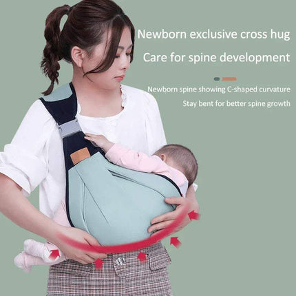 Baby Shoulder Carrier showcasing comfort and spine development for newborns in a cross hug position.