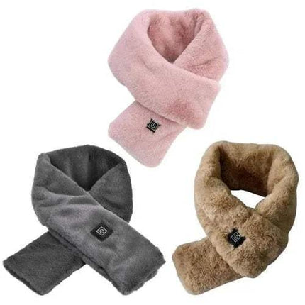Three Electric Heated Scarf Fast & Cozy Warmth for Winter Outdoors in pink, gray, and brown on a white background