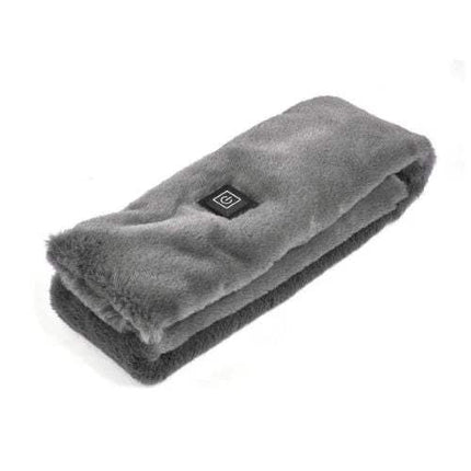 Gray fleece Electric Heated Scarf Fast & Cozy Warmth for Winter Outdoors with a brand logo on a white background