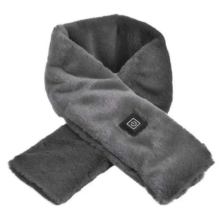 Gray Electric Heated Scarf Fast & Cozy Warmth for Winter Outdoors with a power indicator on a white background