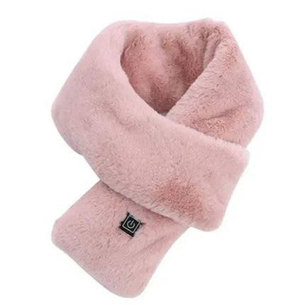 Pink fluffy Electric Heated Scarf Fast & Cozy Warmth for Winter Outdoors with a brand logo on a white background