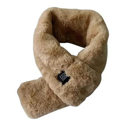 Brown fuzzy Electric Heated Scarf Fast & Cozy Warmth for Winter Outdoors with a brand logo on a white background