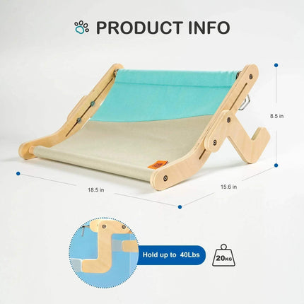 Sturdy Hanging Cat Bed with dimensions and weight capacity on a white background