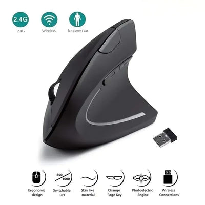 Ergonomic mouse with wireless connectivity features on a white background