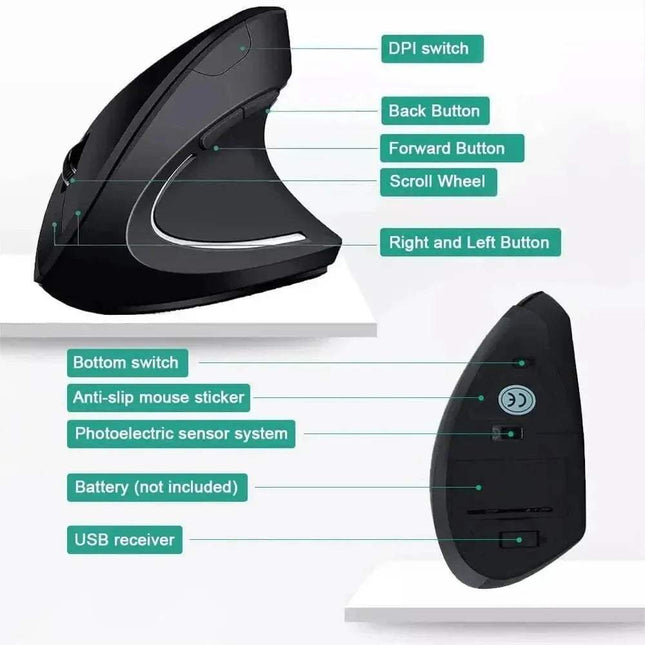 Black Vertical Ergonomic Wireless Mouse with labeled features on a white background