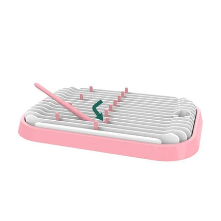 Pink Baby Bottle Drying Rack Hygienic Storage & Fast Drying Organizer with a brand logo on a white background