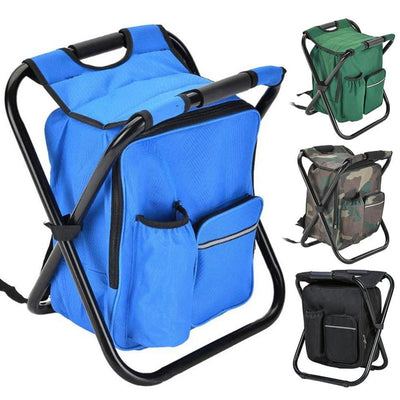 Blue folding stool with backpack and cooler bag feature, shown in multiple color options.