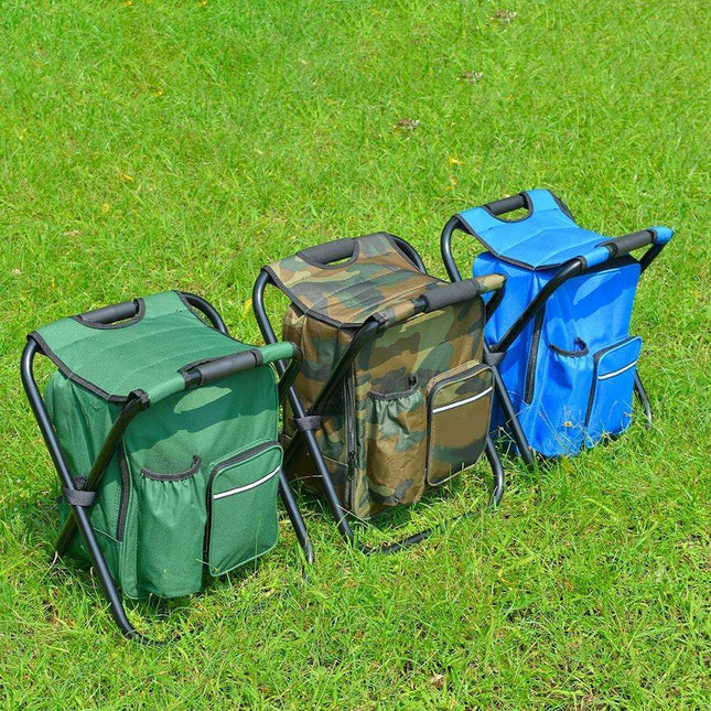 Folding Stool Backpack with Cooler in green, camouflage, and blue on a grassy background.