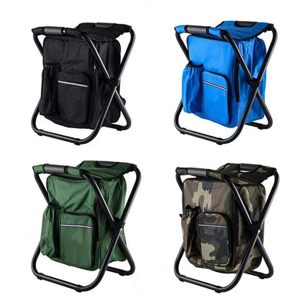 Folding Stool Backpack with Cooler in black, blue, green, and camouflage with backpack straps on a white background.