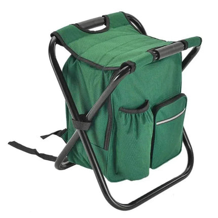 Green Folding Stool Backpack with Cooler on a white background