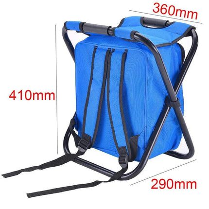 Blue Folding Stool Backpack with Cooler with measurements on a white background