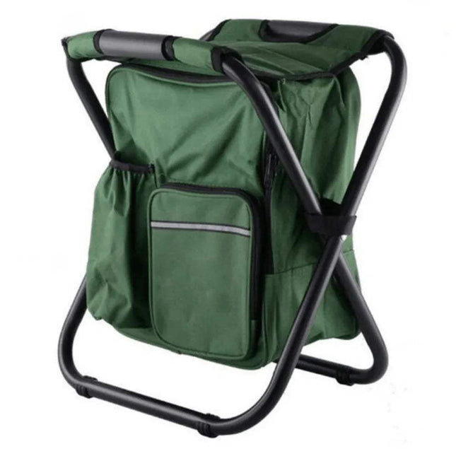 Green Folding Stool Backpack with Cooler on a white background