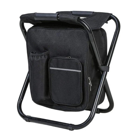 Black Folding Stool Backpack with Cooler on a white background