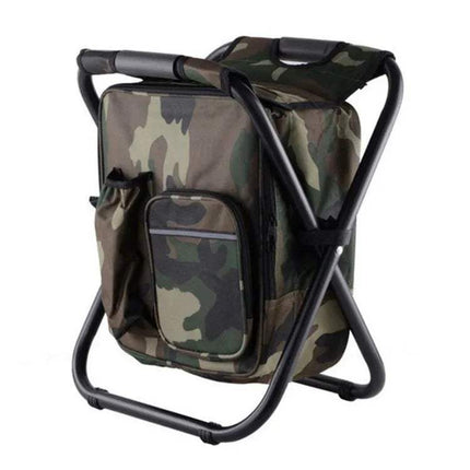 Camouflage Folding Stool Backpack with Cooler on a white background