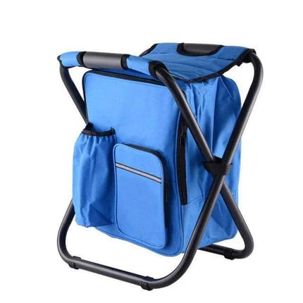 Blue Folding Stool Backpack with Cooler on a white background