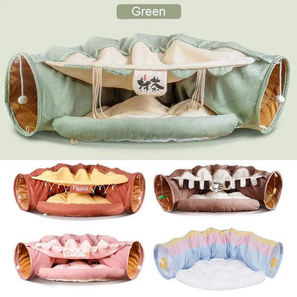 Collage of Pet Cats Tunnel Toy in various colors on a light green background