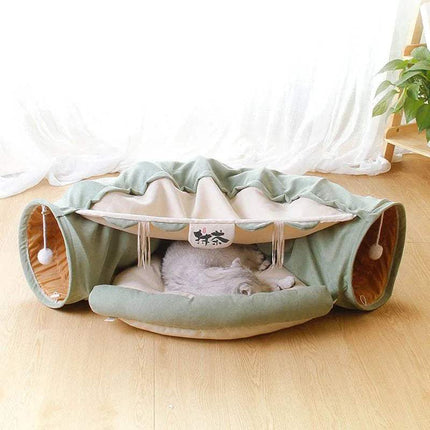 Pet bed with Pet Cats Tunnel Toy on a wooden floor