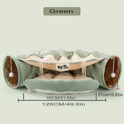 Green Pet Cats Tunnel Toy with dimensions on a light green background