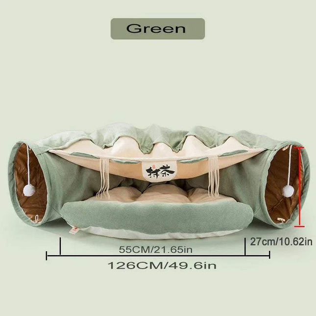 Green Pet Cats Tunnel Toy with dimensions on a light green background