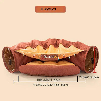 Red Pet Cats Tunnel Toy with dimensions on a beige background