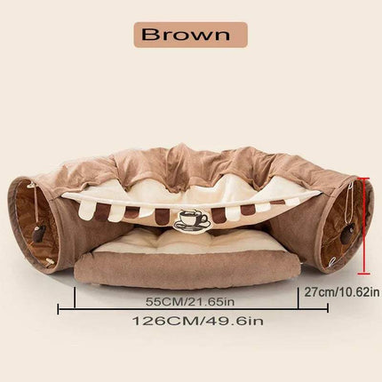 Brown Pet Cats Tunnel Toy with measurements on a beige background