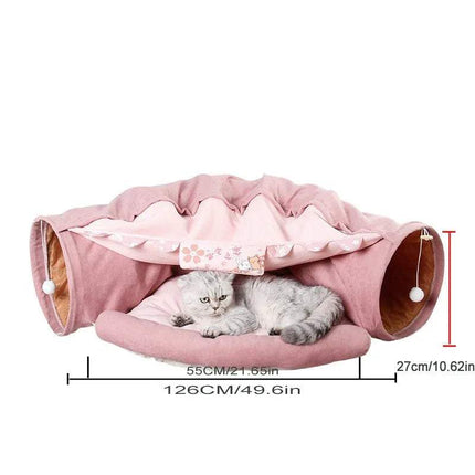 Pet Cats Tunnel Toy with a cat inside, dimensions displayed