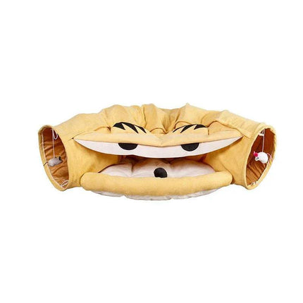 Pet Cats Tunnel Toy with a yellow exterior and white interior on a white background