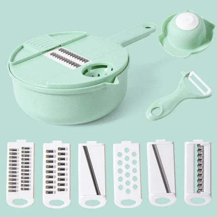 Multifunctional Salad Chopper set with various blades, perfect for quick and safe meal prep and vegetable slicing.