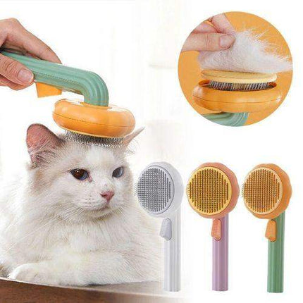 Pet Brush Comb Self-Cleaning Grooming Tool with a cat using it, showing close-up of bristles, and additional brushes in different colors.