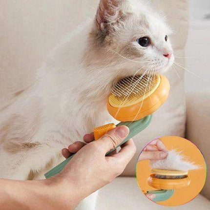 Person grooming a white cat with Pet Brush Comb Self-Cleaning Grooming Tool, with a close-up inset showing fur on the brush.