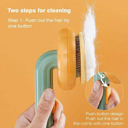 Pet Brush Comb Self-Cleaning Grooming Tool with comb and brush on an orange background