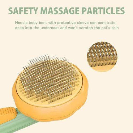 Pet Brush Comb Self-Cleaning Grooming Tool with safety massage particles on a beige background