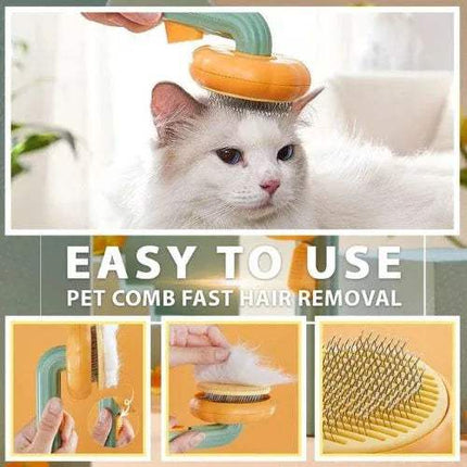 Pet Brush Comb Self-Cleaning Grooming Tool being used on a cat with text 'Easy to use pet comb fast hair removal'.