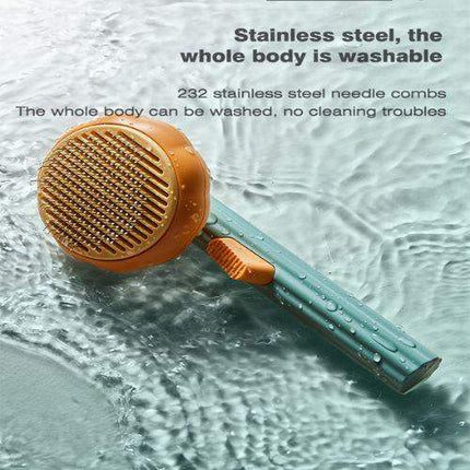 Pet Brush Comb Self-Cleaning Grooming Tool with stainless steel needle combs on a water background